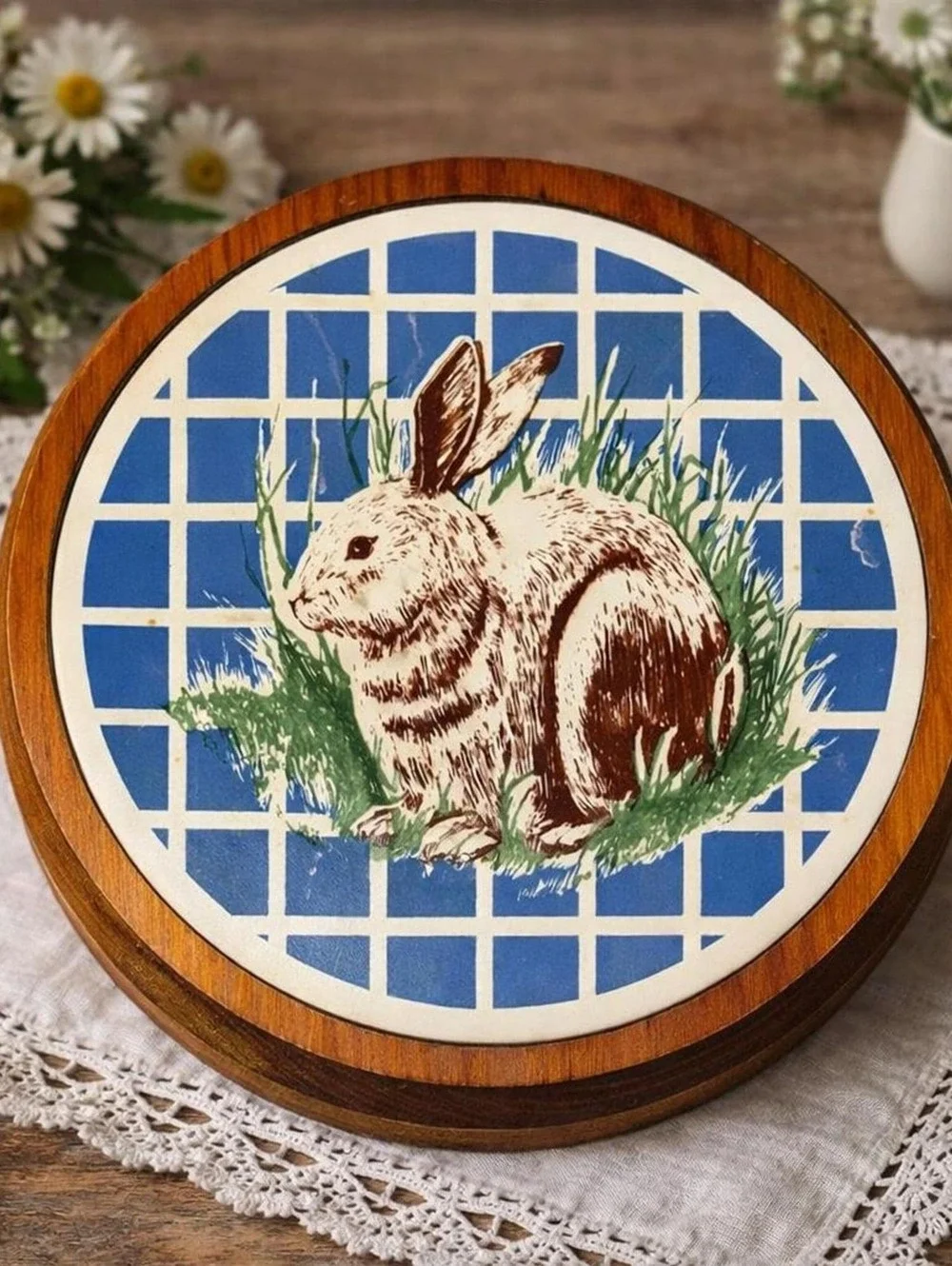 Farmhouse Trivet Bunny Artwork, Ceramic Tile, Round Vintage Rabbit Art